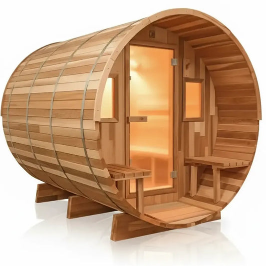 10 FT Red Cedar Barrel Sauna with Porch - 6-8 Person Backcountry Recreation