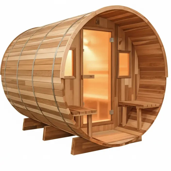 8 FT Classic Red Cedar Barrel Sauna with Porch - 4-6 Person Backcountry Recreation