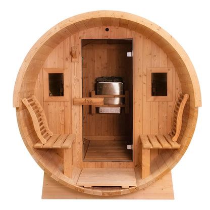 8 FT Classic Thermowood Barrel Sauna with Porch - 4-6 Person Backcountry Recreation