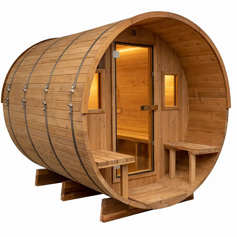 8 FT Classic Thermowood Barrel Sauna with Porch - 4-6 Person Backcountry Recreation