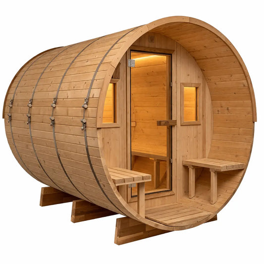 8 FT Classic Thermowood Barrel Sauna with Porch - 4-6 Person Backcountry Recreation