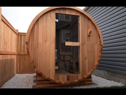 8 FT Classic Red Cedar Barrel Sauna with Porch - 4-6 Person