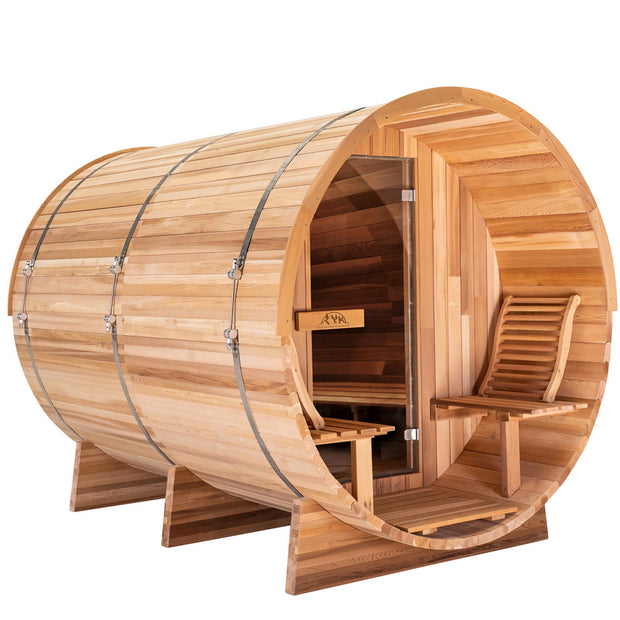 8 FT Classic Red Cedar Barrel Sauna with Porch - 4-6 Person 